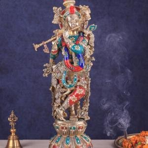 Handcrafted Brass Lord Krishna Statue with Stonework - 25" Height